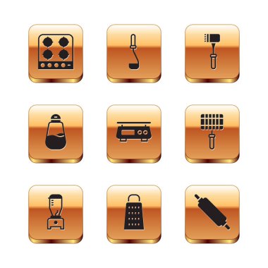 Set Gas stove, Blender, Grater, Electronic scales, Salt, Kitchen hammer, Rolling pin and ladle icon. Vector
