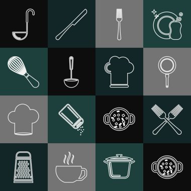 Set line Cooking soup in pot, Crossed fork, Frying pan, Fork, Kitchen ladle, whisk,  and Chef hat icon. Vector