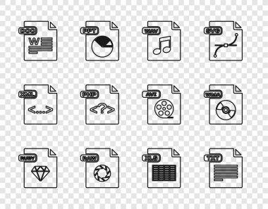 Set line RUBY file document, TXT, WAV, RAW, DOC, PHP, XLS and WMA icon. Vector