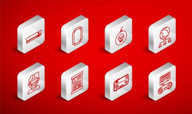 Set line Game console with joystick, Poker table, Bomb ready to explode, Computer network, Mobile and playing in game, Video, guide and Virtual reality glasses icon. Vector