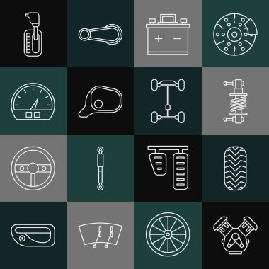 Set line Car engine, tire, Shock absorber, battery, mirror, Speedometer, Gear shifter and Chassis car icon. Vector