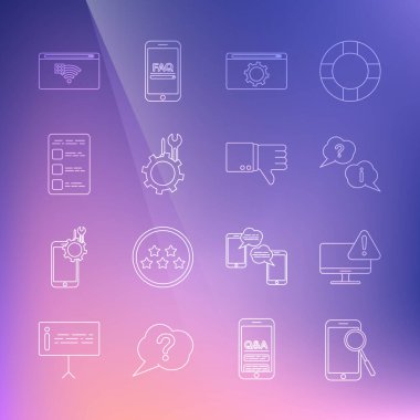 Set line Mobile phone diagnostics, Question and Exclamation, Setting, Wrench screwdriver gear, Create account screen mobile, No Internet connection and Dislike icon. Vector