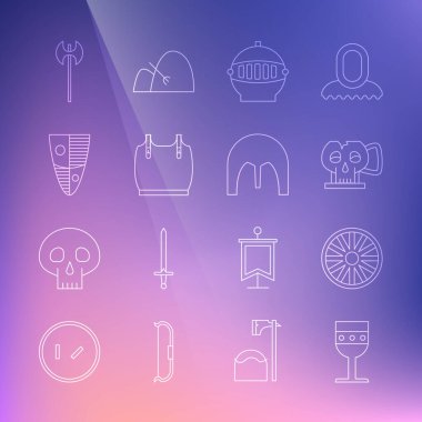 Set line Medieval goblet, Old wooden wheel, Cup from the skull, iron helmet, Body armor, Shield, axe and  icon. Vector