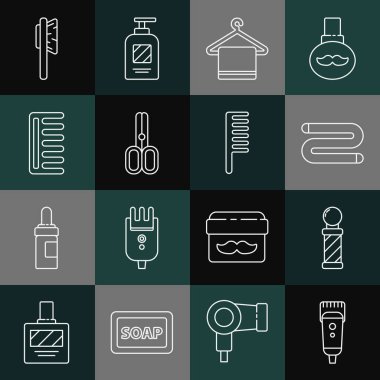 Set line Electrical hair clipper or shaver, Classic Barber shop pole, Towel, on hanger, Scissors hairdresser, Hairbrush,  and  icon. Vector