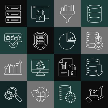 Set line Pie chart infographic, Server, Data, Web Hosting, security with lock, Sales funnel, shield, Password protection,  and  icon. Vector