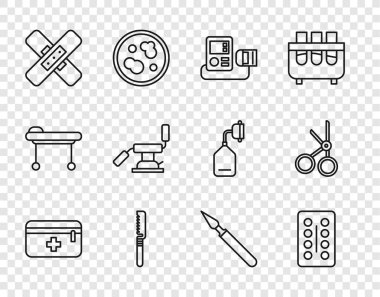 Set line First aid kit, Pills in blister pack, Blood pressure, Medical saw, Crossed bandage plaster, dental chair, surgery scalpel and scissors icon. Vector