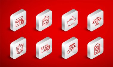 Set line Document with shield, Piggy bank, Scales of justice, Stacks paper money cash, Shopping building, Credit card and Life insurance icon. Vector