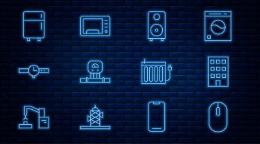 Set line Computer mouse, House, Stereo speaker, Smart sensor, Wrist watch, Refrigerator, Heating radiator and Microwave oven icon. Vector