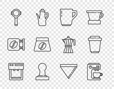 Set line Coffee machine, cup, tamper, filter holder, Bag coffee beans, paper and to go icon. Vector