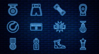 Set line Award cup, Punching bag, Chest expander, Boxing ring board, Tennis ball, Gong, boxing gloves and short icon. Vector