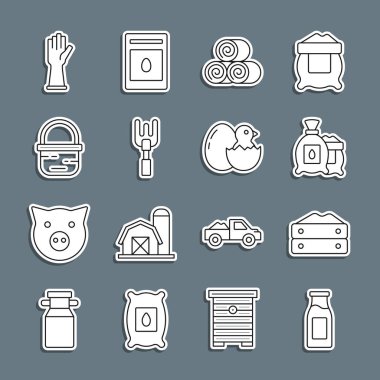 Set line Bottle with milk, Bag of flour, Pack full seeds plant, Roll hay, Garden rake, Basket, Rubber gloves and Little chick in cracked egg icon. Vector