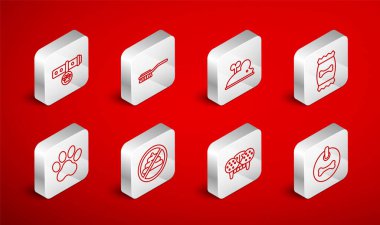 Set line Dog collar, Hair brush for dog and cat, Clockwork mouse, Bag of food pet, Cat tooth, Collar with name tag, No shit and Paw print icon. Vector