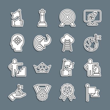 Set line Flag, Chess, Planet with flag, Target, Head hunting, Hand holding and Stair finish icon. Vector