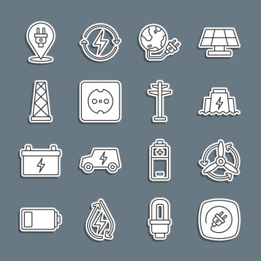 Set line Electric plug, Wind turbine, Hydroelectric dam, Global energy power planet, Electrical outlet, Antenna,  and tower icon. Vector