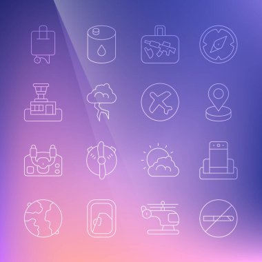 Set line No Smoking, Metal detector airport, Location, Suitcase, Storm, Airport control tower,  and Plane icon. Vector