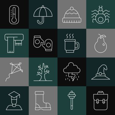 Set line School backpack, Witch hat, Pear, Winter, Christmas mitten, scarf, Thermometer and Cup of tea icon. Vector