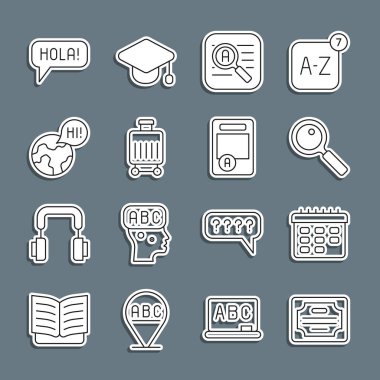 Set line Certificate template, School timetable, Magnifying glass, Translator, Suitcase, Learning foreign languages, Hola different and Exam sheet with A plus grade icon. Vector