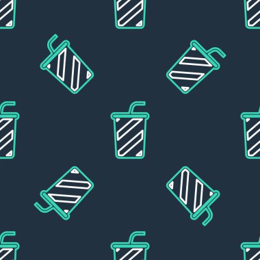 Su ikonuna sahip çizgi camları siyah arkaplanda izole edilmiş. Soda bardağı ve pipet içmek. Taze soğuk içecek sembolü. Vektör