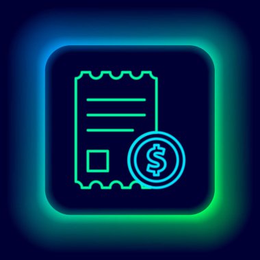 Parlayan neon hattı kağıt kontrolü ve finansal kontrol simgesi siyah arka planda izole edildi. Kağıt baskı çeki, makbuz ya da fatura. Renkli taslak konsepti. Vektör