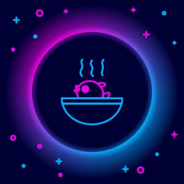 Parlayan neon hattı kirpi balığı çorbası ikonu siyah arka planda izole edilmiş. Fugu balığı Japon kirpi balığı. Renkli taslak konsepti. Vektör