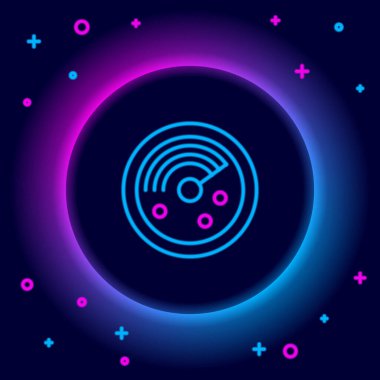 Siyah arkaplanda izole edilmiş bir simge arayışında hedefleri olan parlak neon hattı Radar. Arama sistemi. Donanma sonarı. Renkli taslak konsepti. Vektör