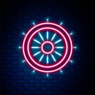 Parlayan neon hattı direksiyon ikonu tuğla duvar arka planında izole edildi. Renkli taslak konsepti. Vektör