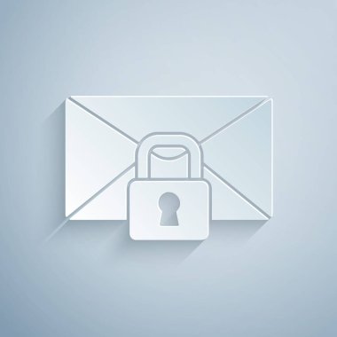 Kağıt kesimi ileti iletisi kilidi parola simgesi gri arkaplanda izole edildi. Asma kilitli zarf. Özel, güvenlik, güvenlik, koruma, gizlilik. Kağıt sanatı tarzı. Vektör.