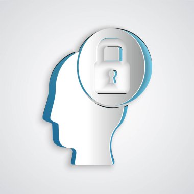 Paper cut Human head with lock icon isolated on grey background. Paper art style. Vector.