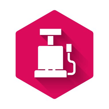 White Car air pump icon isolated with long shadow. Pink hexagon button. Vector.