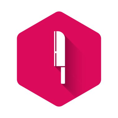 White Knife icon isolated with long shadow. Cutlery symbol. Pink hexagon button. Vector.