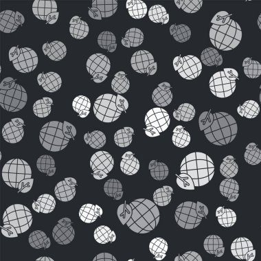 Gri Dünya küresi ve yaprak ikonu siyah arka planda izole edilmiş pürüzsüz desen. Dünya ya da Dünya işareti. Geometrik şekiller. Çevresel konsept. Vektör.