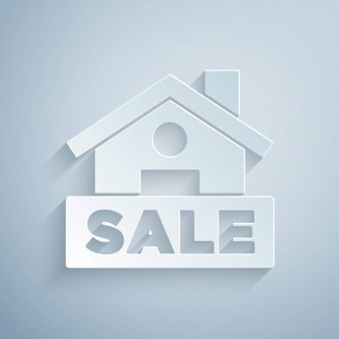 Kağıt kesiği. Gri arkaplanda izole edilmiş metin satışı simgesi. Mesaj indirimli tabela. Kağıt sanatı tarzı. Vektör