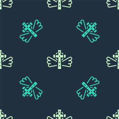 Yeşil ve bej renkli Hristiyan haç simgesi mavi arka planda izole edilmiş pürüzsüz desen. Kilise haçı. Vektör