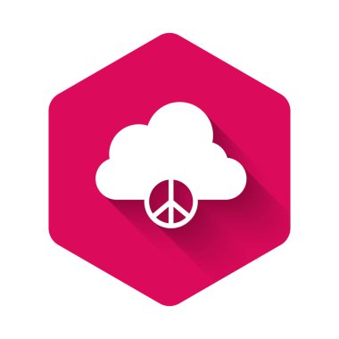 White Peace cloud icon isolated with long shadow background. Hippie symbol of peace. Pink hexagon button. Vector