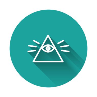 White line Masons symbol All-seeing eye of God icon isolated with long shadow. The eye of Providence in the triangle. Green circle button. Vector Illustration.