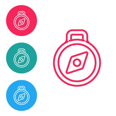 Kırmızı çizgi pusula simgesi beyaz arkaplanda izole edildi. Rüzgâr yön bulma sembolü. Rüzgar gül işareti. Simgeleri daire düğmelerine ayır. Vektör İllüstrasyonu.