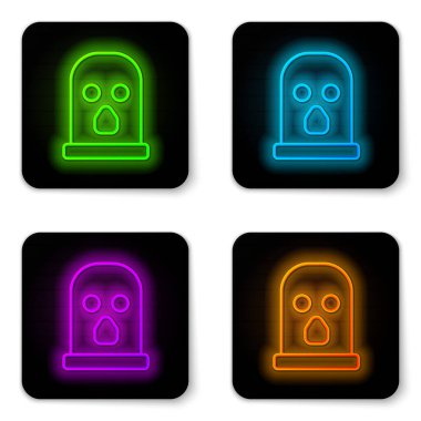 Glowing neon line Balaclava icon isolated on white background. A piece of clothing for winter sports or a mask for a criminal or a thief. Black square button. Vector.