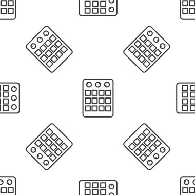 Gri çizgi Drum makinesi simgesi beyaz arkaplandaki kusursuz deseni izole etti. Müzik aletleri. Vektör.