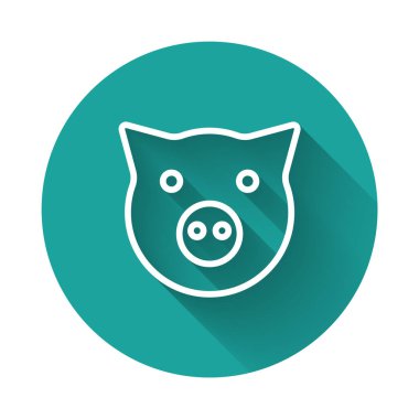 Beyaz çizgi domuz simgesi uzun gölge arkaplanı ile izole edildi. Hayvan sembolü. Yeşil daire düğmesi. Vektör