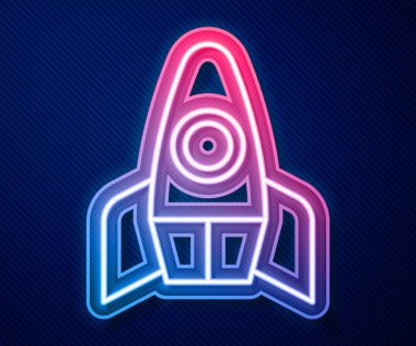 Parlayan neon hattı roket gemisi simgesi mavi arkaplanda izole edildi. Uzay yolculuğu. Vektör