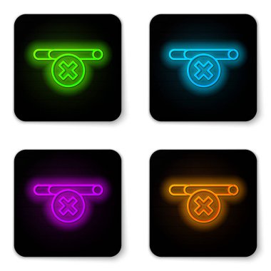Parlayan neon hattı Beyaz arkaplanda sigara içilmeyen simge. Sigara içmek yasaktır işareti. Siyah kare düğme. Vektör