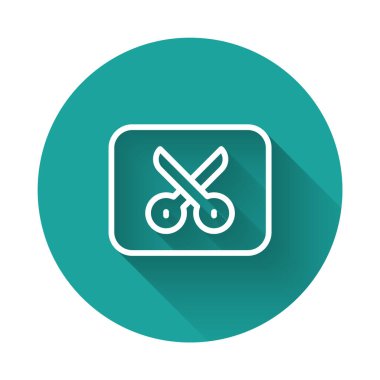 White line Music or video editing icon isolated with long shadow background. Green circle button. Vector