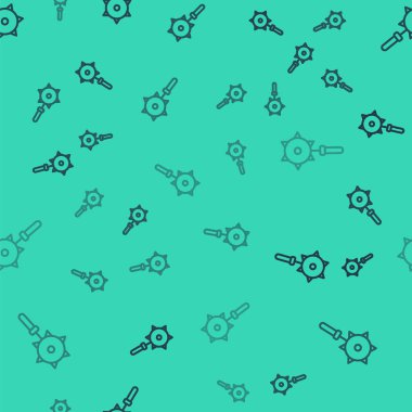 Black line Medieval chained mace ball icon isolated seamless pattern on green background. Medieval weapon.  Vector