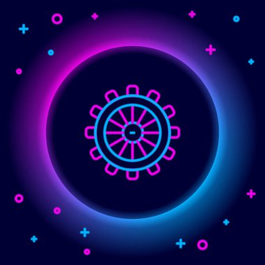 Parlayan neon hattı direksiyon simgesi siyah arkaplanda izole edildi. Renkli taslak konsepti. Vektör