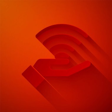 Kağıt kesme 5G yeni kablosuz internet kablosuz bağlantı simgesi kırmızı arkaplanda izole edildi. Küresel ağ yüksek hızlı bağlantı veri oranı teknolojisi. Kağıt sanatı tarzı. Vektör.