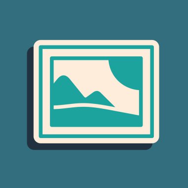 Green Picture landscape icon isolated on green background. Long shadow style. Vector.