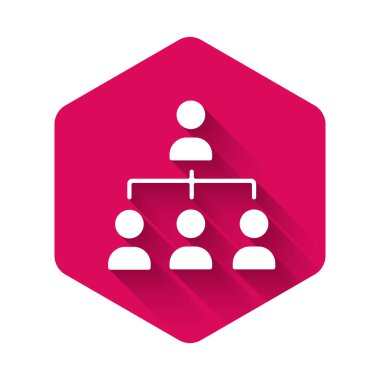 White Business hierarchy organogram chart infographics icon isolated with long shadow. Corporate organizational structure graphic elements. Pink hexagon button. Vector.
