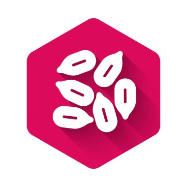 Belirli bir bitki simgesinin beyaz tohumları uzun gölgeli arka planda izole edilmiş. Pembe altıgen düğmesi. Vektör