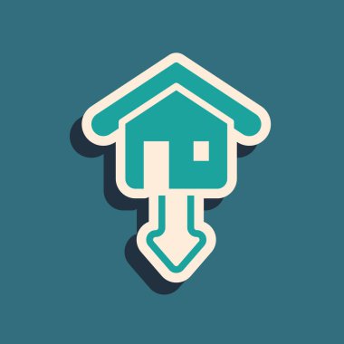 Green Property and housing market collapse icon isolated on green background. Falling property prices. Real estate stock risk or economic recession. Long shadow style. Vector