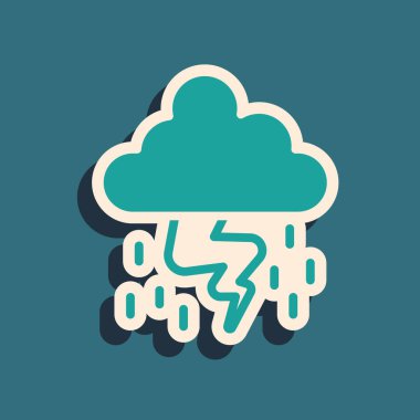 Green Storm icon isolated on green background. Cloud and lightning sign. Weather icon of storm. Long shadow style. Vector